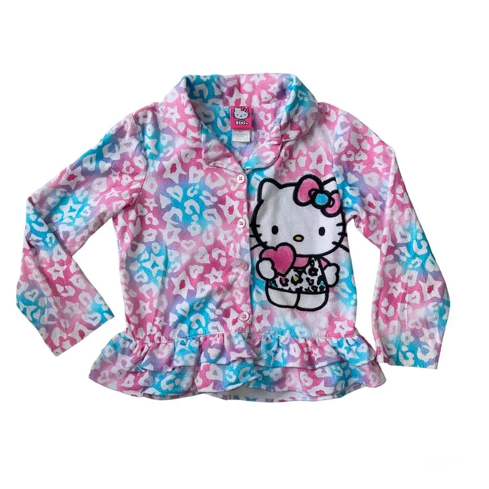 Girls S Hello Kitty Rainbow Pink Blue Long Sleeve Ruffle Pants Fleece Pajama Set